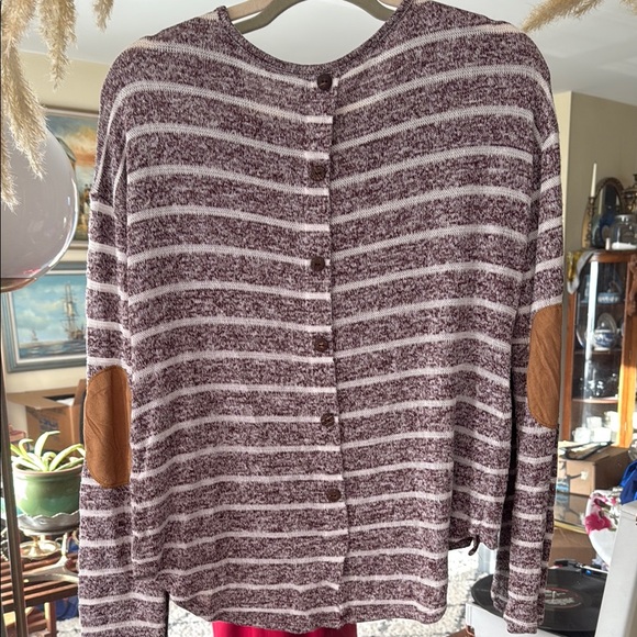 Cato Purple Long Sleeve Striped Sweater with Button Accents and Elbow Patches - Picture 5 of 6